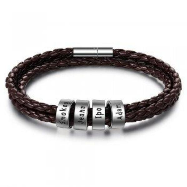 Personalized Mens Braided Genuine Leather Bracelet Stainless Steel Custom Beads Name Charm Bracelet For Men With Family Names - AltUNique Store