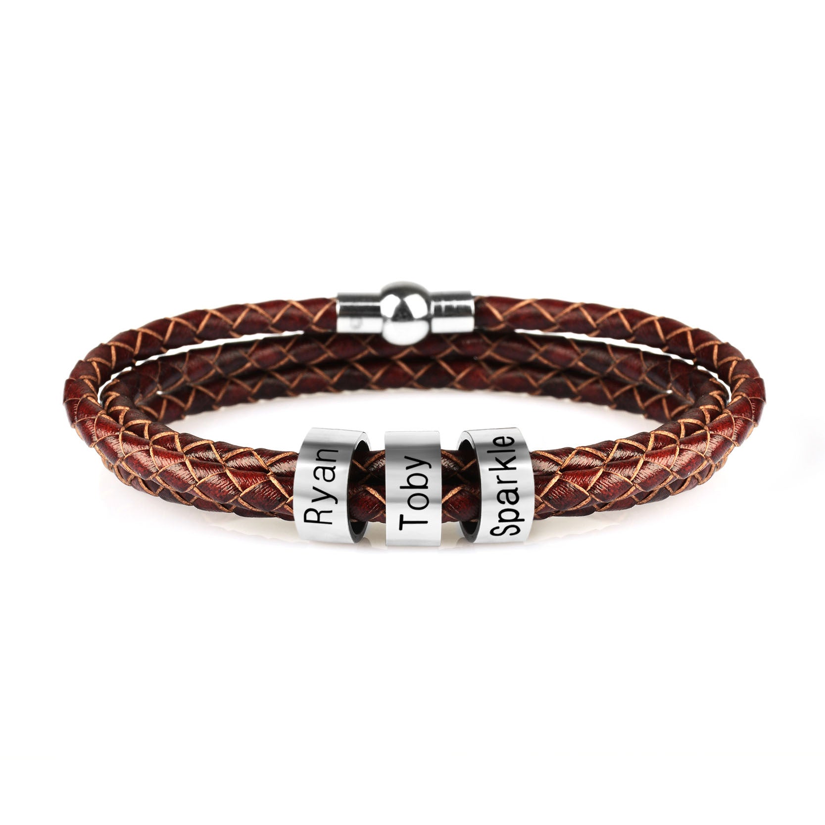 Personalized Mens Braided Genuine Leather Bracelet Stainless Steel Custom Beads Name Charm Bracelet For Men With Family Names - AltUNique Store