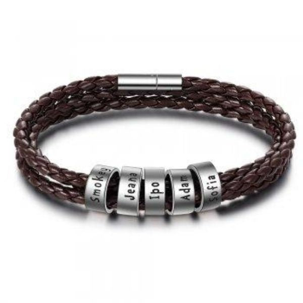 Personalized Mens Braided Genuine Leather Bracelet Stainless Steel Custom Beads Name Charm Bracelet For Men With Family Names - AltUNique Store