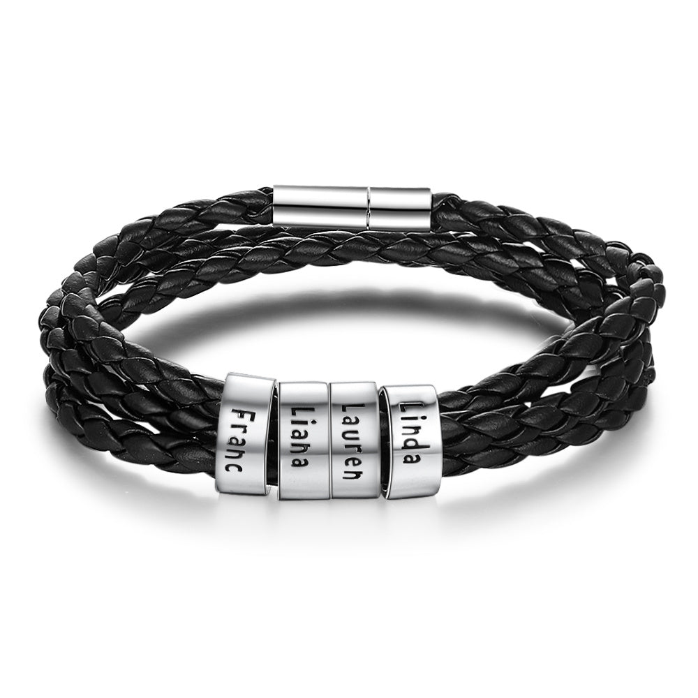 Personalized Mens Braided Genuine Leather Bracelet Stainless Steel Custom Beads Name Charm Bracelet For Men With Family Names - AltUNique Store