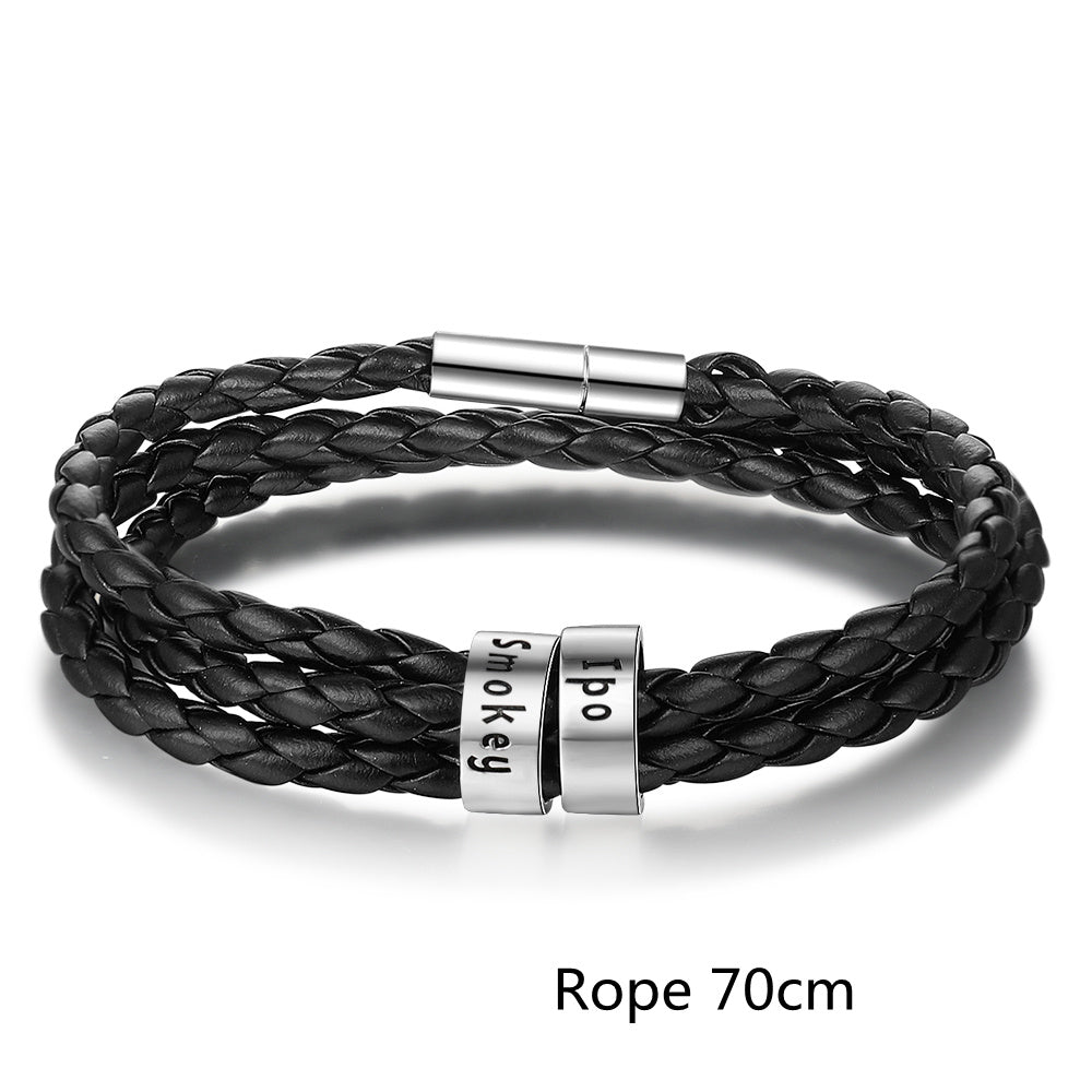 Personalized Mens Braided Genuine Leather Bracelet Stainless Steel Custom Beads Name Charm Bracelet For Men With Family Names - AltUNique Store