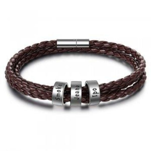 Personalized Mens Braided Genuine Leather Bracelet Stainless Steel Custom Beads Name Charm Bracelet For Men With Family Names - AltUNique Store