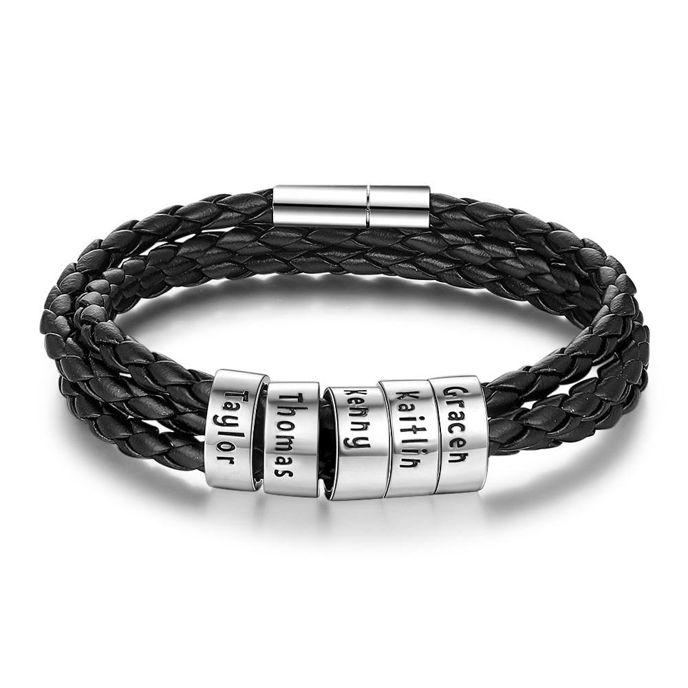 Personalized Mens Braided Genuine Leather Bracelet Stainless Steel Custom Beads Name Charm Bracelet For Men With Family Names - AltUNique Store