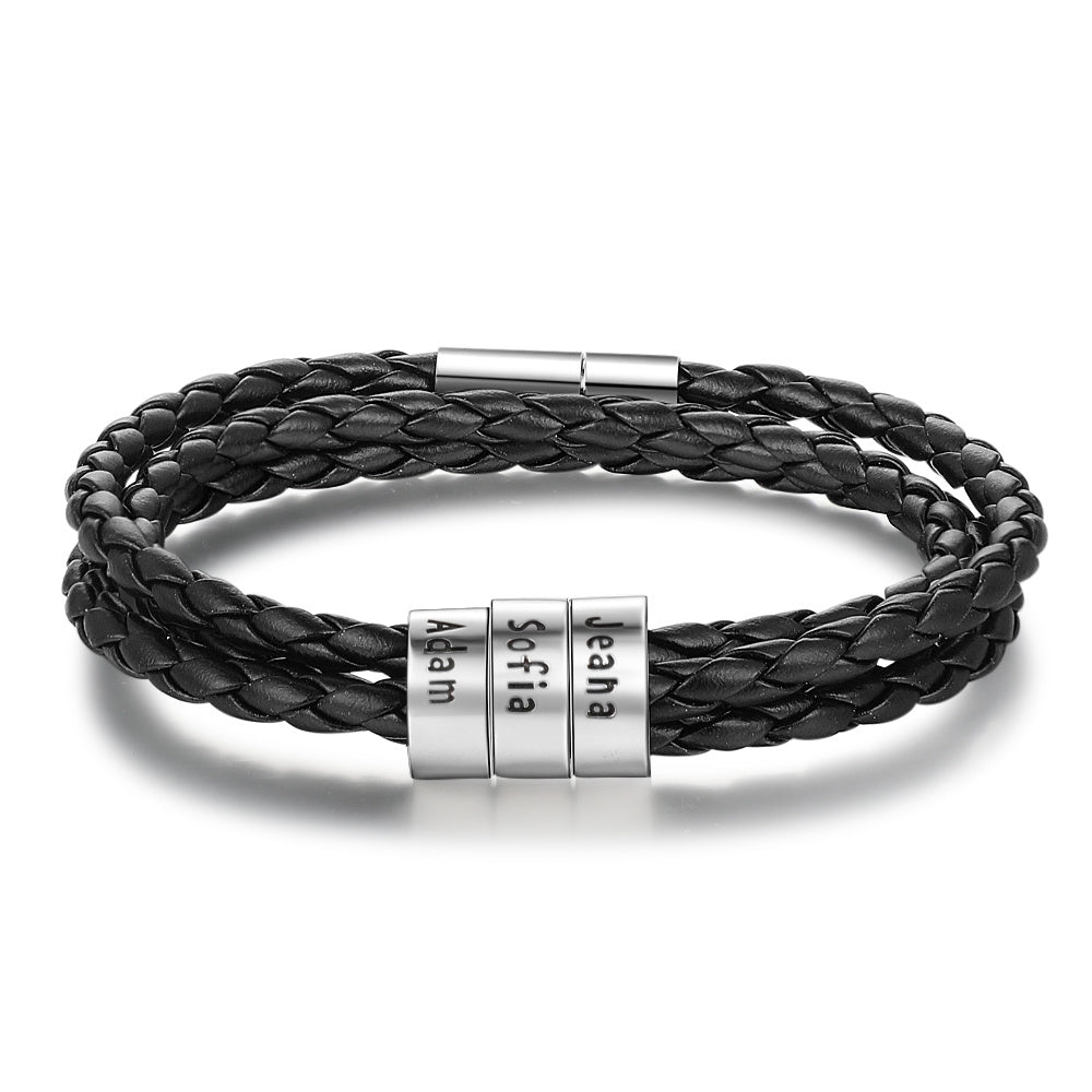 Personalized Mens Braided Genuine Leather Bracelet Stainless Steel Custom Beads Name Charm Bracelet For Men With Family Names - AltUNique Store