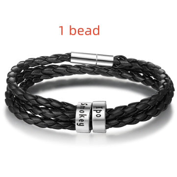 Personalized Mens Braided Genuine Leather Bracelet Stainless Steel Custom Beads Name Charm Bracelet For Men With Family Names - AltUNique Store